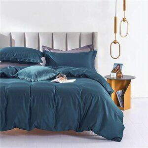 Queen Duvet Cover Set Peacock Blue 100% Long-Staple Cotton Sateen